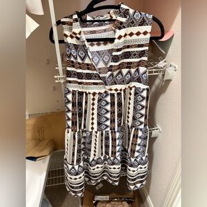 Cupshe Sleeveless V-Neck Tribal Print Dress in White, Brown and Blue